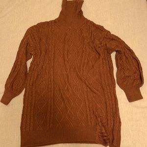 Rolled Neck Drop Shoulder Ripped Detail Cable Knit Longline Sweater